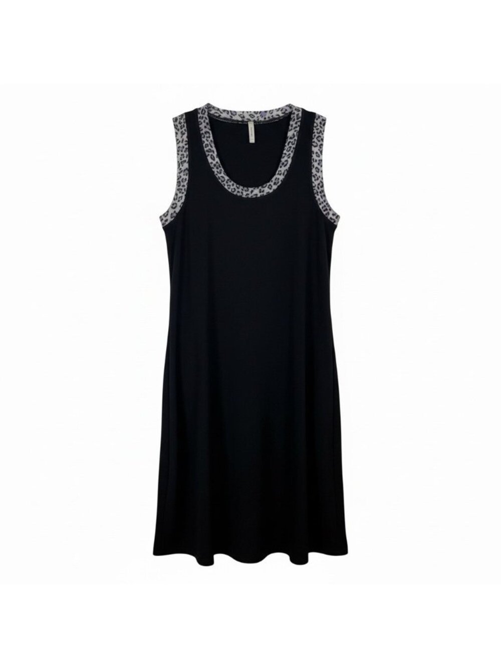 LANSTON Shift Dress Size XS Black Liquid Knit Contrast Scoop Neckline Leopard